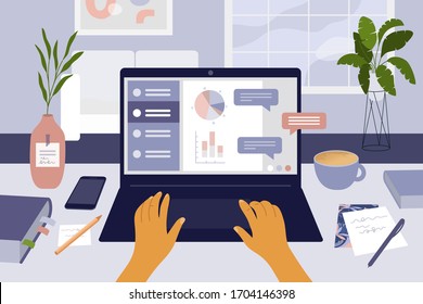 Stay at home, work or study remotely. Student desktop. E-learning, online education or internet courses. Man or woman working from home by laptop. Coronavirus quarantine isolation. Vector illustration