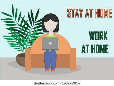 Stay at home. Work at home. Woman protecting herself and stay for quarantine. Protection from infection, medicine and health concept. Flat vector illustration.