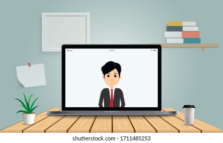 Stay home working from home. Business man talking by Video conference. Stream, web chatting, online meeting friends. Coronavirus, quarantine isolation.