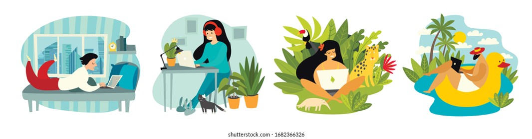 Stay home. Working at home. Freelancer people with laptop working vector illustration set