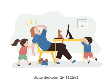 Stay home and working online. Tired mother with kids has distant job. Unhappy freelancer with computer in her workplace. Stressful situation for woman with noisy children and work. vector illustration