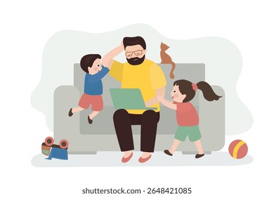 Fique em casa e trabalhando online. Pai cansado com filhos tem um trabalho distante. Infeliz freelancer com laptop sentado no sofá. Situação estressante para o homem com crianças barulhentas e trabalho. ilustração vetor plana