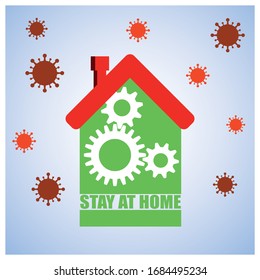 Stay at home in written green home with gearwheels and viruses in the air.