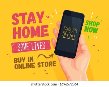 Stay home yellow banner. Save lives, buy in online store. Quarantine sale vector banner design 