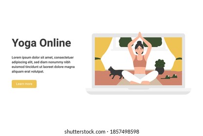 Stay Home. Yoga courses online. Girl in the lotus position practices yoga, concept with laptop. Flat vector cartoon illustration.