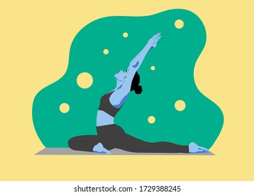 Stay at home. Yoga is one of the best ways to spend your time on a quarantine. In foreground you can see blue girl doing yoga. On the background you can see an abstract figure with holes.