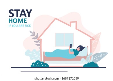 Stay Home If You Are Sick. Woman At Home, Sick Girl Lies In Bed. 