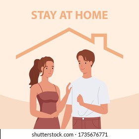 Stay home. Young couple smiling and staying together. Concept for controlling the disease in 2019-nCov. Vector illustration in a flat style