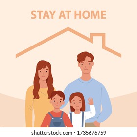 Stay home. Young family with two children stays at home. Happy people inside home icon. Vector illustration in a flat style