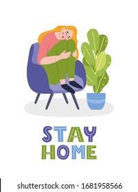  Stay home. Young  girl on the couch. Coronavirus pandemic self isolation, health care, protection. Hand drawn illustration