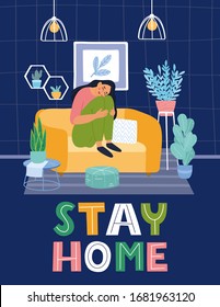Stay home. Young  girl on the couch. Coronavirus pandemic self isolation, health care, protection. Hand drawn illustration