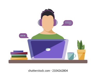 Stay at home. A young guy in headphones works at a computer remotely. Quarantine period due to coronavirus virus. Getting an education online. Connect  over the Internet. Vector.