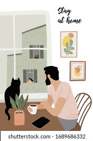 Stay at home. Young man looks out window. Vector illustration. Concept for self-isolation during quarantine and other use.