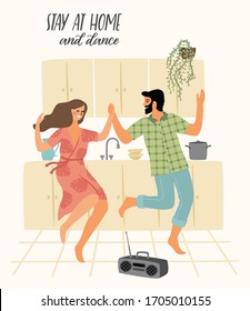 Stay at home. Young man and woman dancing in the kitchen. Vector illustration. Concept for self-isolation during quarantine and other use.