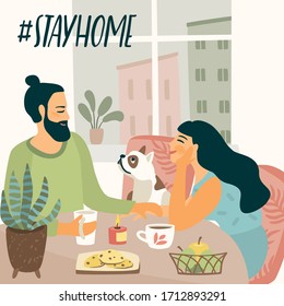 Stay at home. Young man and woman are sitting are drinking tea and talking. Vector illustration. Concept for self-isolation during quarantine and other use.