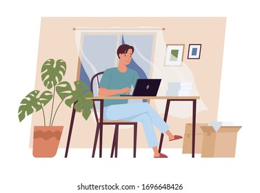 Stay at home. Young man working on laptop computer at home. Freelance, work at home, remote work and home office. Vector illustration in a flat style