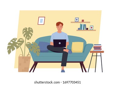 Quédate en casa. Joven trabajando en computadoras portátiles en casa. Trabajo independiente, trabajo en casa, trabajo a distancia y oficina en el hogar. Ilustración de vectores en un estilo plano