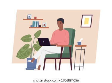 Stay at home. Young man working on laptop computer at home. Freelance, work at home, remote work and home office. Vector illustration in a flat style