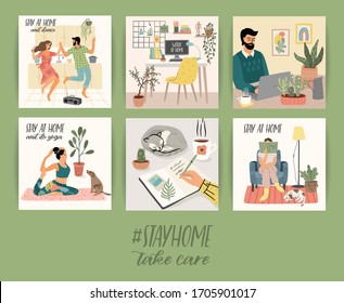 Stay at home. Young men and women stay in cozy house. Vector illustrations. Concept for self-isolation during quarantine and other use.