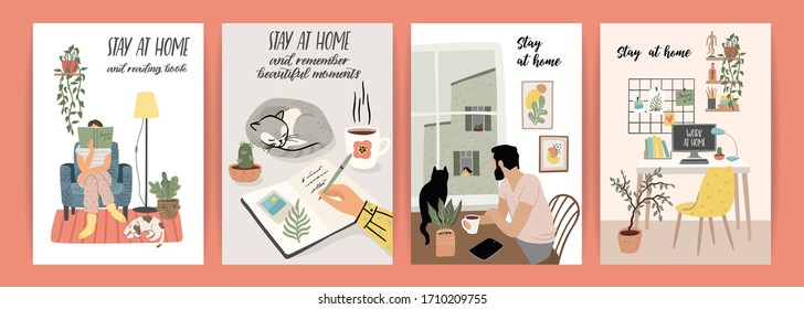 Stay at home. Young men and women stay in cozy house. Vector illustrations. Concept for self-isolation during quarantine and other use.