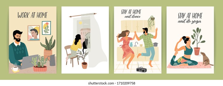 Stay at home. Young men and women stay in cozy house. Vector illustrations. Concept for self-isolation during quarantine and other use.