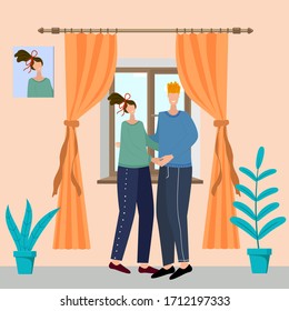 Stay at home.Two young people are quarantined at home.Flat vector illustration.