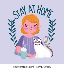 permanecer en casa, joven con taza de café y prevención de cuarentena de gatos, ilustración vectorial codificada 19