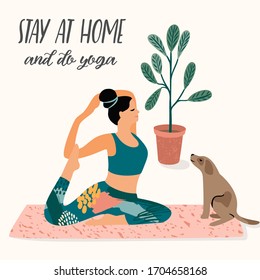 Stay at home. Young woman does yoga. Vector illustration. Concept for self-isolation during quarantine and other use.