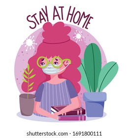 stay at home, young woman with mask and books quarantine prevention, vector illustration covid 19