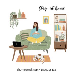 Stay at home. Young woman sitting on sofa, drinking tea and looking at laptop. Vector illustration. Concept for self-isolation during quarantine and other use.