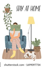 Stay at home. Young woman sitting in armchair and reading book. Vector illustration. Concept for self-isolation during quarantine and other use.