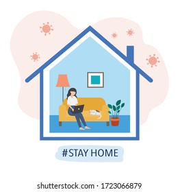 Stay at home. Young woman sitting on the sofa using laptop  to working at home during Covid-19. Vector flat style illustration