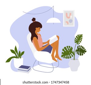 Stay at home. Young woman sitting on armchair with open book. Girl relaxing and reading in cozy modern apartment interior. Leisure, hobby, education or studying concept. Lifestyle vector illustration