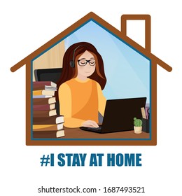 Stay at home. Young woman studying at home on laptop. Distant education. Vector illustration.