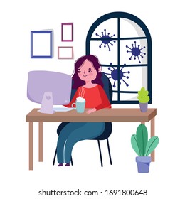 stay at home, young woman working with computer quarantine prevention, vector illustration covid 19