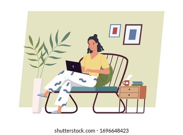 Stay at home. Young woman working on laptop computer at home. Freelance, work at home, remote work and home office. Vector illustration in a flat style