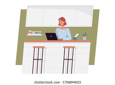 Quédate en casa. Mujer joven trabajando en ordenador portátil en casa. Trabajo independiente, trabajo en casa, trabajo a distancia y oficina en el hogar. Ilustración de vectores en un estilo plano