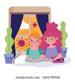 stay at home. young women with cat and books in room, quarantine prevention. vector illustration covid 19