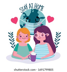 stay at home, young women with coffee cup world quarantine prevention, vector illustration covid 19