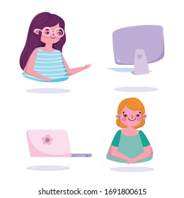 stay at home, young women with laptop freelance and telecommuting quarantine prevention vector illustration covid 19