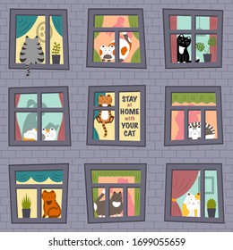 Stay at home with your cat. Seamless pattern. Vector illustration.