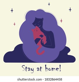 Stay at home with your pet, work home, take care of your cats, pet therapy, social media campaign and coronavirus prevention