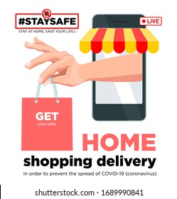 Stay home with your social media campaign and prevent coronavirus infection. Shopping delivery Internet purchases. Social advertising, poster, sticker, vector.