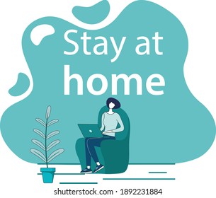 Stay at home.A call to stay at home and switch to remote work of people to prevent infection with COVID 19.Flat vector illustration.