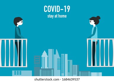 Stay at home.COVID-19 quarantine background.Two person at home at the city.