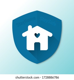 Stay Homestay safe logo illustration with heart, home, and blue protection symbol. The warning sign vector with soft blue background for quarantine campaign in covid19 or coronavirus epidemic periods.