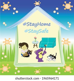 Stay home,Stay safe with Mr.purple bear and his friend is relaxing with their dogs
