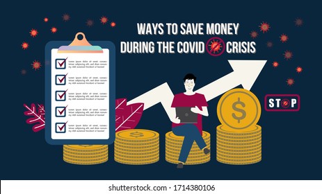 Stay at home.Work from home remotely to prevent spread of COVID-19 using laptop computer in home health concept.Ways to save money during the covid crisis.vector illustration.