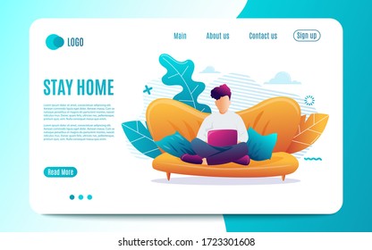 Stay Home.Young man is sitting with laptop on the sofa at home. Working on a computer. Freelance, online education or social media concept. Vector illustration web template