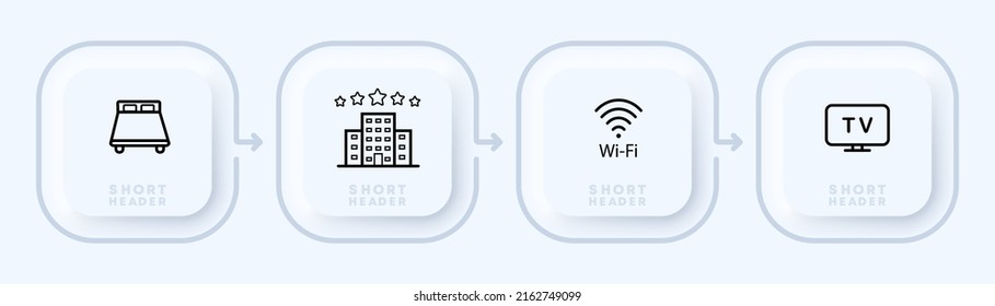 Stay at the hotel set icon. Multi storey building, bed, sleep, five stars, wifi, TV. Accommodation concept. Neomorphism style. Vector line icon for Business and Advertising.